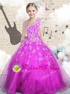 Sleeveless Organza Floor Length Lace Up Girls Pageant Dresses in Fuchsia for with Beading and Appliques and Hand Made Flower