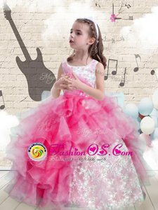 Beauteous Sleeveless Organza Floor Length Lace Up Pageant Gowns For Girls in Baby Blue for with Beading and Appliques and Ruffled Layers