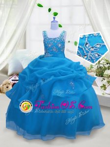 Beading and Pick Ups Girls Pageant Dresses Aqua Blue Lace Up Sleeveless Floor Length