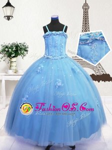 New Style Baby Blue Ball Gowns Spaghetti Straps Sleeveless Tulle Floor Length Zipper Beading and Appliques Little Girls Pageant Gowns