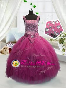 Rose Pink Straps Neckline Beading and Ruffles Girls Pageant Dresses Sleeveless Lace Up
