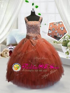 Admirable Orange Red Tulle Lace Up Straps Sleeveless Floor Length Little Girls Pageant Dress Beading and Ruffles