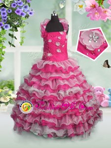 Organza Sleeveless Floor Length Little Girl Pageant Dress and Beading and Appliques and Ruffled Layers