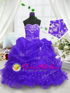 Blue Organza Lace Up Kids Pageant Dress Sleeveless Floor Length Beading and Ruffled Layers and Pick Ups