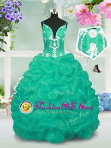 Charming Sleeveless Taffeta Floor Length Lace Up Girls Pageant Dresses in Turquoise for with Beading and Pick Ups