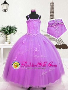 Unique Lilac Spaghetti Straps Zipper Beading and Appliques Little Girls Pageant Dress Sleeveless