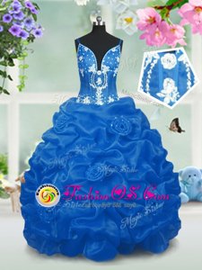 Floor Length Aqua Blue Little Girl Pageant Dress Taffeta Sleeveless Beading and Pick Ups