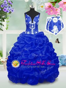 Royal Blue Ball Gowns Beading and Pick Ups Little Girl Pageant Dress Lace Up Taffeta Sleeveless Floor Length