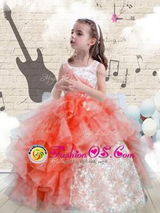 Trendy Watermelon Red Lace Up Scoop Beading and Ruffles Little Girl Pageant Dress Organza Sleeveless