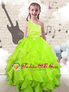 Dazzling Yellow Green One Shoulder Neckline Beading and Ruffles Child Pageant Dress Sleeveless Lace Up