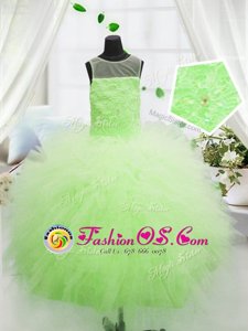 Customized Scoop Beading and Appliques Little Girl Pageant Dress Yellow Green Zipper Sleeveless Floor Length
