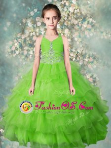 Scoop Sleeveless Organza Floor Length Zipper Child Pageant Dress in Hot Pink for with Ruffles