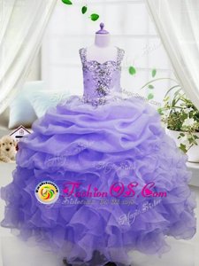Lavender Organza Zipper Pageant Gowns For Girls Sleeveless Floor Length Beading and Ruffles and Pick Ups