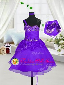 Best Sleeveless Knee Length Beading and Hand Made Flower Lace Up Little Girls Pageant Dress with Eggplant Purple