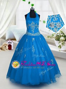Customized Halter Top Sleeveless Tulle Floor Length Lace Up Pageant Gowns For Girls in Aqua Blue for with Appliques