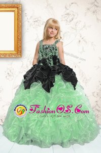 Floor Length Apple Green Little Girls Pageant Dress Organza Sleeveless Appliques and Pick Ups