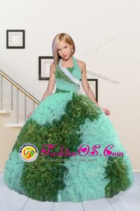Low Price Floor Length Aqua Blue Little Girls Pageant Dress Wholesale Halter Top Sleeveless Lace Up