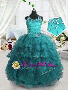 Charming Turquoise Ball Gowns Spaghetti Straps Sleeveless Organza Floor Length Lace Up Beading and Ruffled Layers Little Girl Pageant Gowns