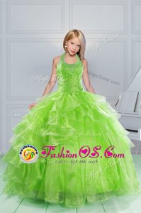 Apple Green Ball Gowns Halter Top Sleeveless Organza Floor Length Lace Up Beading and Ruching Child Pageant Dress