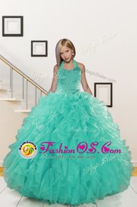 Exquisite Halter Top Sleeveless Lace Up Floor Length Beading and Ruffles Kids Formal Wear