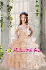 Elegant Organza Square Sleeveless Zipper Lace and Ruffled Layers Kids Pageant Dress in Champagne