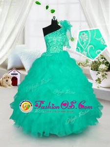 Custom Designed Floor Length Turquoise Girls Pageant Dresses One Shoulder Sleeveless Lace Up