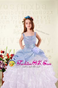 Stylish Sleeveless Organza Floor Length Lace Up Little Girls Pageant Dress in Light Blue for with Beading and Ruffled Layers and Hand Made Flower