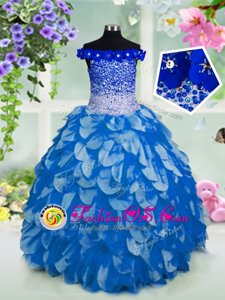 Discount Sequins Off The Shoulder Short Sleeves Lace Up Little Girls Pageant Dress Wholesale Blue Organza