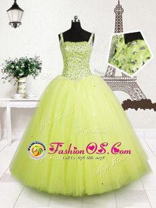 Gorgeous Tulle Straps Sleeveless Lace Up Beading and Sequins Little Girls Pageant Dress in Yellow Green