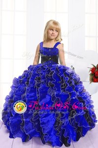 Fashionable Blue And Black Sleeveless Organza Lace Up Little Girl Pageant Dress for Party and Wedding Party