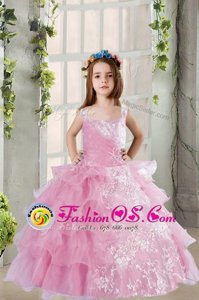 Beautiful Sleeveless Lace Up Floor Length Lace and Ruffled Layers Little Girls Pageant Gowns