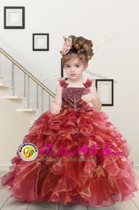 Straps Sleeveless Child Pageant Dress Floor Length Beading and Ruffles Watermelon Red Organza