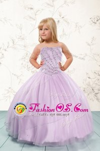High Class Lilac Lace Up Strapless Beading Little Girls Pageant Gowns Tulle Sleeveless