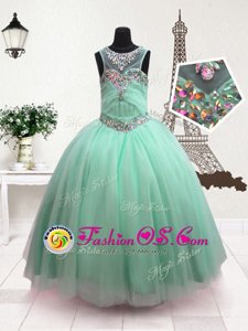 Scoop Turquoise Organza Zipper Pageant Gowns For Girls Sleeveless Floor Length Beading