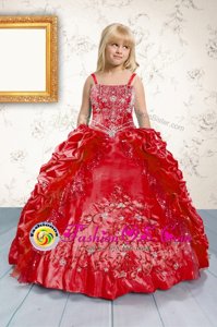 Pick Ups Ball Gowns Little Girl Pageant Gowns Red Spaghetti Straps Satin Sleeveless Floor Length Lace Up
