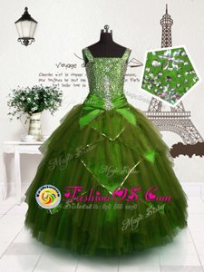 Enchanting Tulle Straps Sleeveless Lace Up Beading and Belt Child Pageant Dress in Olive Green