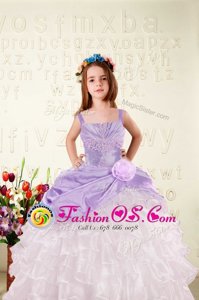 Lilac Ball Gowns Organza Straps Sleeveless Beading and Ruffled Layers and Hand Made Flower Floor Length Lace Up Child Pageant Dress