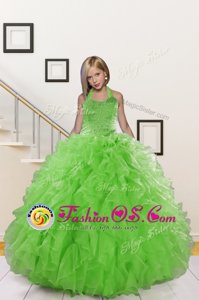 Green Organza Lace Up Halter Top Sleeveless Floor Length Little Girls Pageant Gowns Beading and Ruffles
