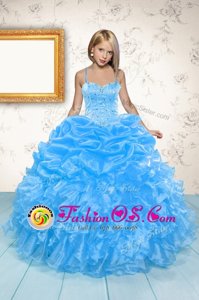 Fashionable Baby Blue Ball Gowns Spaghetti Straps Sleeveless Organza Floor Length Lace Up Beading and Ruffles and Pick Ups Girls Pageant Dresses