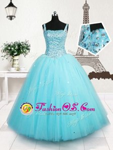 Hot Selling Floor Length Light Blue Kids Formal Wear Tulle Sleeveless Beading and Sequins