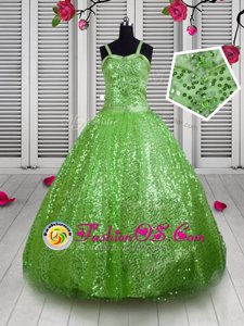 Trendy Beading and Sequins Kids Pageant Dress Apple Green Lace Up Sleeveless Floor Length