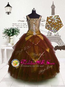 Brown Tulle Lace Up Little Girls Pageant Dress Wholesale Sleeveless Floor Length Beading and Belt