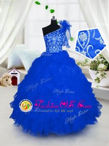 Latest One Shoulder Royal Blue Organza Lace Up Little Girl Pageant Gowns Sleeveless Floor Length Embroidery and Ruffles