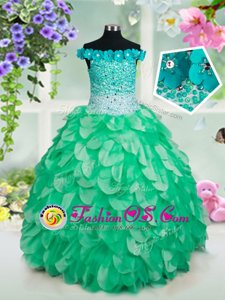 Fashion Green Lace Up Off The Shoulder Beading and Hand Made Flower Kids Pageant Dress Organza Sleeveless