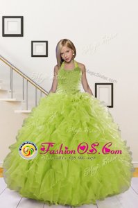Best Organza Halter Top Sleeveless Lace Up Beading and Ruffles Little Girl Pageant Gowns in Olive Green