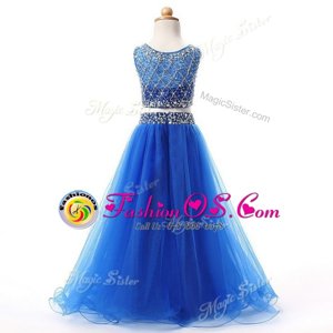 Fashionable Blue Scoop Neckline Beading Flower Girl Dresses Sleeveless Lace Up
