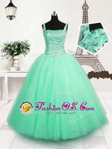 Elegant Turquoise Tulle Lace Up Straps Sleeveless Floor Length Child Pageant Dress Beading and Sequins