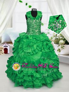 Enchanting Halter Top Beading and Ruffles Kids Pageant Dress Green Zipper Sleeveless Floor Length