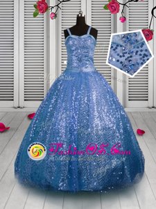 Enchanting Baby Blue Girls Pageant Dresses Party and Wedding Party and For with Sequins Straps Sleeveless Lace Up