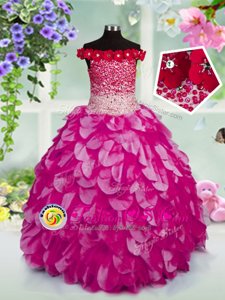 Sleeveless Lace Up Floor Length Beading and Ruffles and Sequins Kids Formal Wear